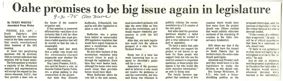 Oahe dominates 1976 legislature Oahe dominates 1976 legislature