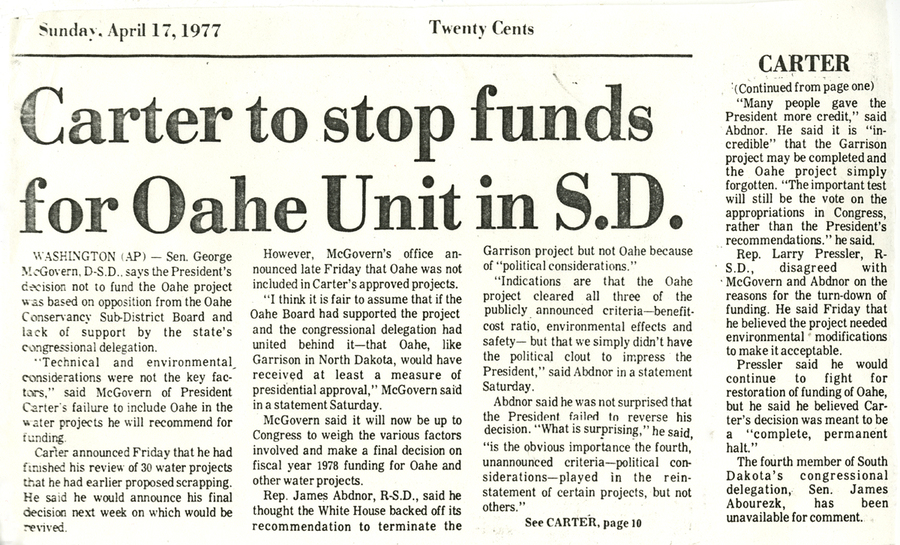 President Carter opposes Oahe President Carter opposes Oahe